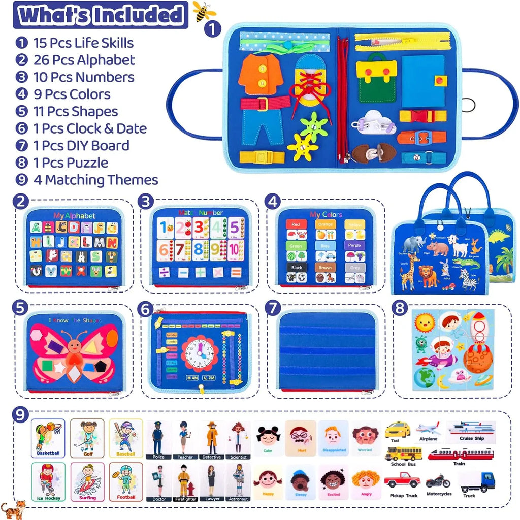 Juguetes Montessori, tablero ocupado, tablero de desarrollo de actividades sensoriales para niños pequeños para habilidades motoras, juguetes educativos de actividades de viaje
