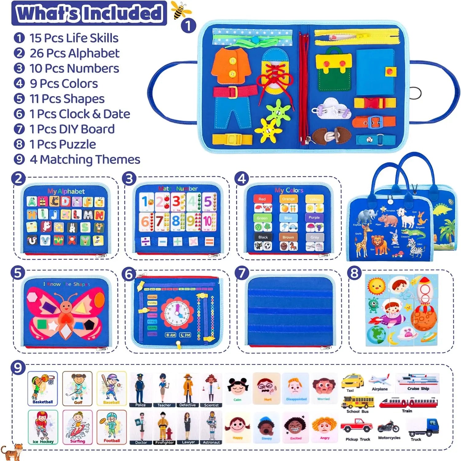 Juguetes Montessori, tablero ocupado, tablero de desarrollo de actividades sensoriales para niños pequeños para habilidades motoras, juguetes educativos de actividades de viaje