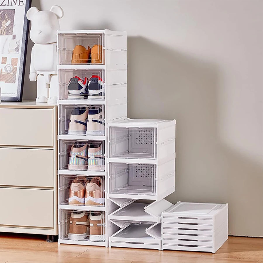 Zapatero apilable de plástico transparente, caja de almacenamiento de zapatillas, organizador de zapatos plegable, a prueba de polvo, gabinete de ahorro de espacio
