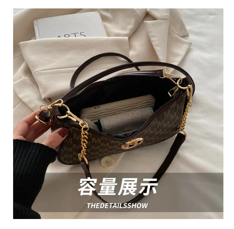 Bolso retro francés para axila, bolso de un hombro con estampado de letras y cadena cuadrada cruzada diagonal para mujer