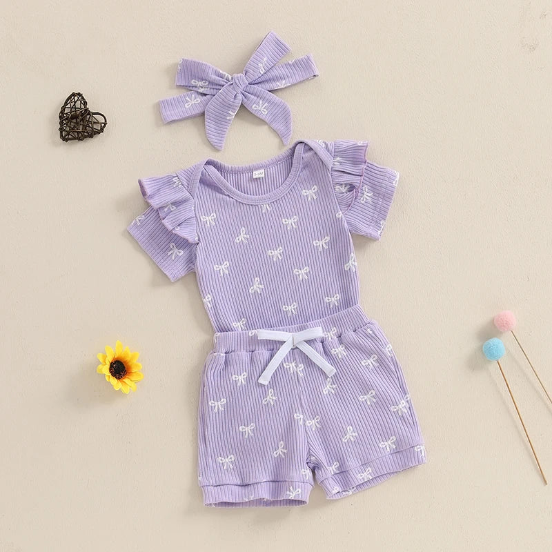 Conjuntos de verano para niña de 0 a 18 meses, pelele de manga corta con estampado de lazo, pantalones cortos de cintura elástica y diadema, conjunto de 3 uds.
