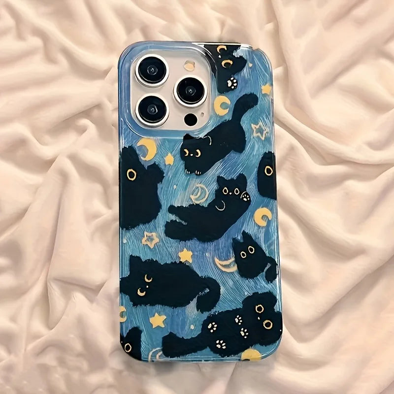 Funda de teléfono para iPhone 17 Pro Max 16E 16 15 14 13 12 11 XS X XR 7 8 Plus SE2 Air Moon Stars y gatos negros diseño funda de silicona