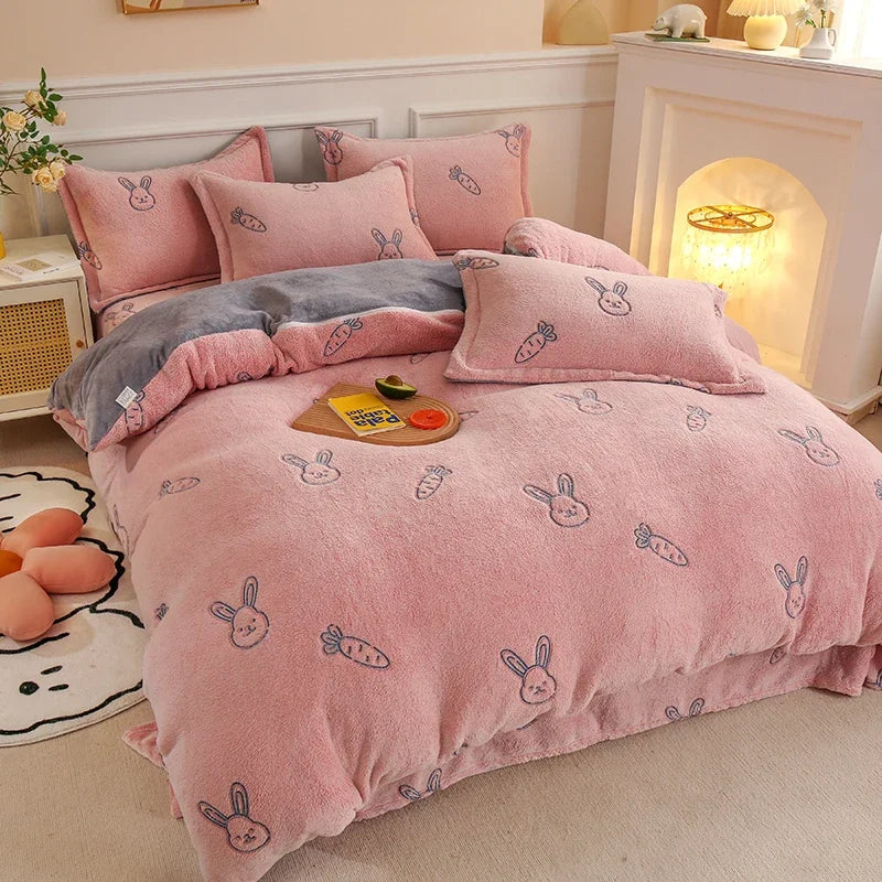 Funda nórdica de lana gruesa y cálida de franela Coral para invierno, juego de cama de terciopelo de doble cara, funda de edredón individual doble Queen King Size