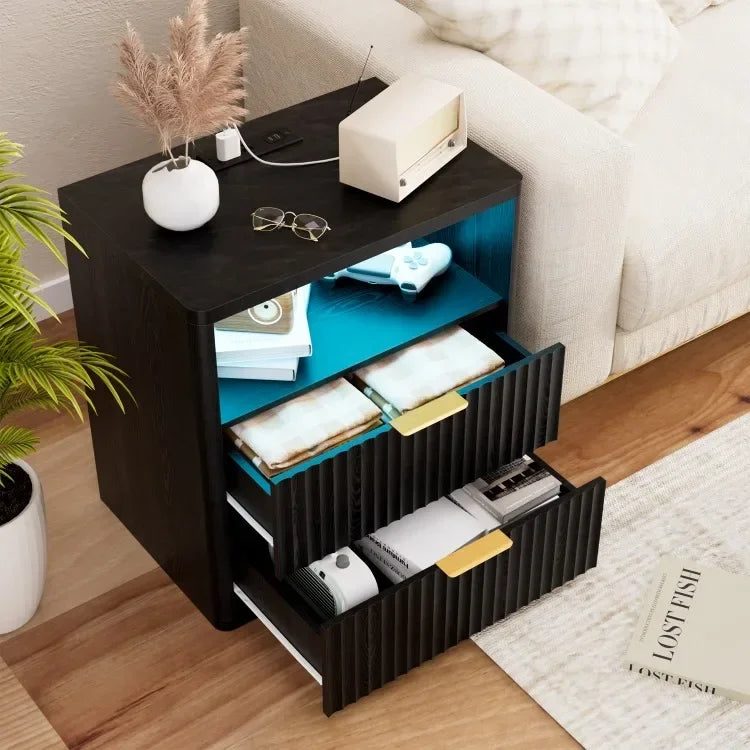Mesa de Noche con 2 Cajones y Estación de Carga, Ahorra Espacio, con Tomacorriente, de Madera, para Dormitorio, Esquina de Escritorio, Sala de Estar, Hogar