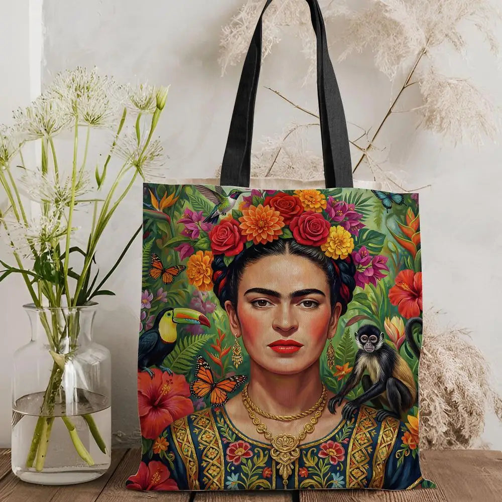 Bolsos de Almacenamiento Art F-Frida Kahlo, Bolso Tote de Lona con Estampado a Doble Cara, Bolso de Hombro de Gran Capacidad para Mujer
