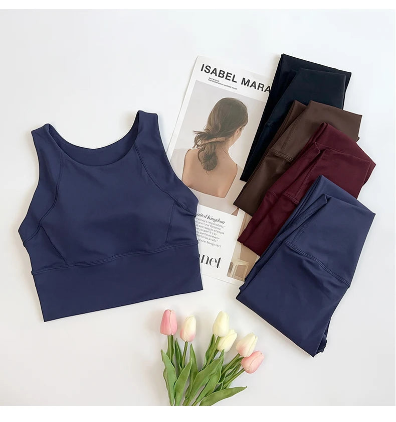 Ropa de Yoga de 2 piezas para mujer, conjunto de Yoga para gimnasio con tirantes cruzados en la espalda, Sujetador deportivo de realce, mallas de Yoga de cintura alta, ropa deportiva de entrenamiento
