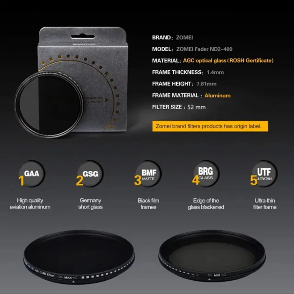 ZOMEI 52mm ND2-ND400 lente de cámara de teléfono ultrafina filtro polarizador Circular profesional de 52mm para teléfono móvil inteligente con Clip