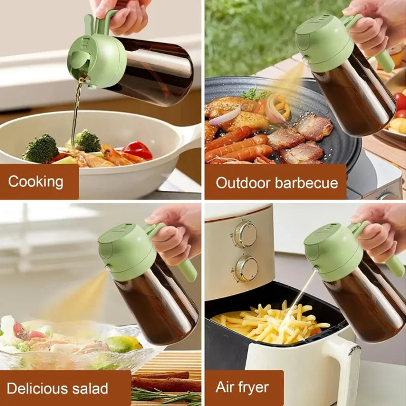 Dispensador y Rociador de Aceite de Vidrio 2 en 1, 16oz/470ml, Antiderrames, para Cocina, Freidora de Aire, Barbacoa, Repostería, Ensaladas - Botella Rociadora de Aceite de Oliva