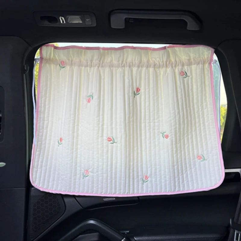 Parasol para ventana de coche de bebé, de algodón grueso bordado con dibujos animados, protección UV, ventosa, cortina deslizante instalada