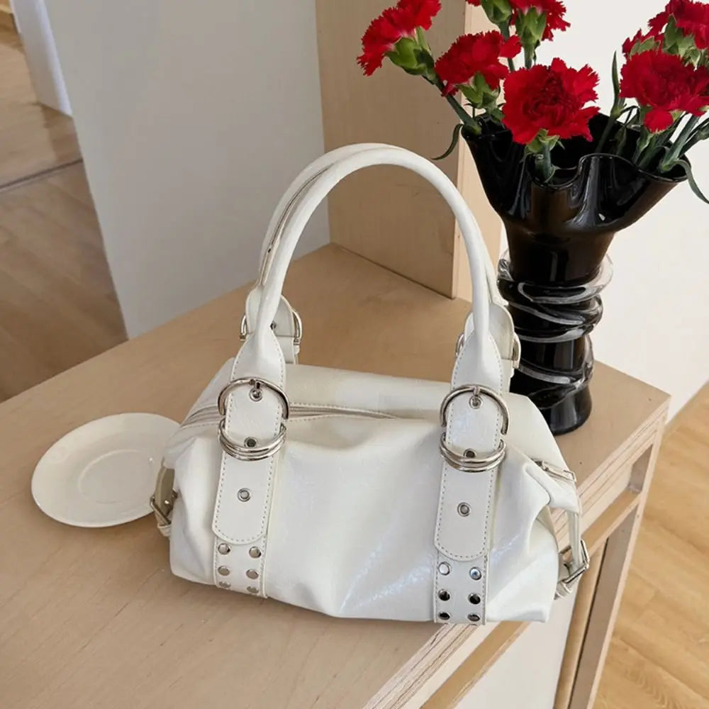 Bolso de Hombro Retro Y2K Simple con Remaches, Bolso de Motocicleta de Cuero PU Estilo Spicy Girl, Bolso Tote de Moda Coreana para Chicas