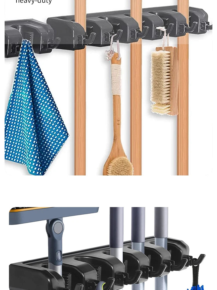 Soporte para fregona montado en la pared, colgador multifuncional de 3/4/5 posiciones, estante de almacenamiento de plástico mágico negro para cocina y hogar