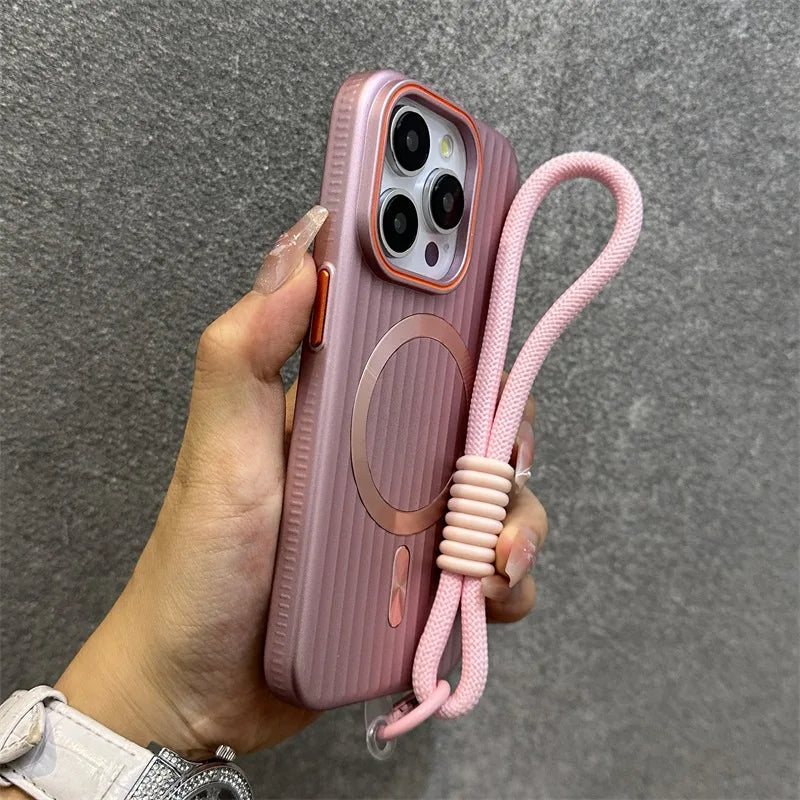 Funda Magnética Delgada Mate con Rayas para iPhone 16 15 ProMax 14 13 12 Pro Max 16 Plus, Antigolpes, Compatible con Magsafe, con Cordón