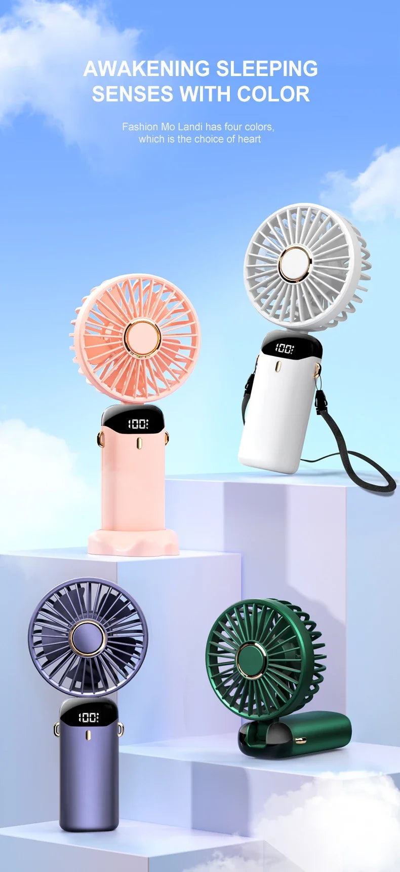 Mini ventilador de mano de 5000mAh, inalámbrico, recargable por USB, portátil, pantalla Digital, soporte para teléfono, ventilador plegable de 5 velocidades para colgar en el cuello