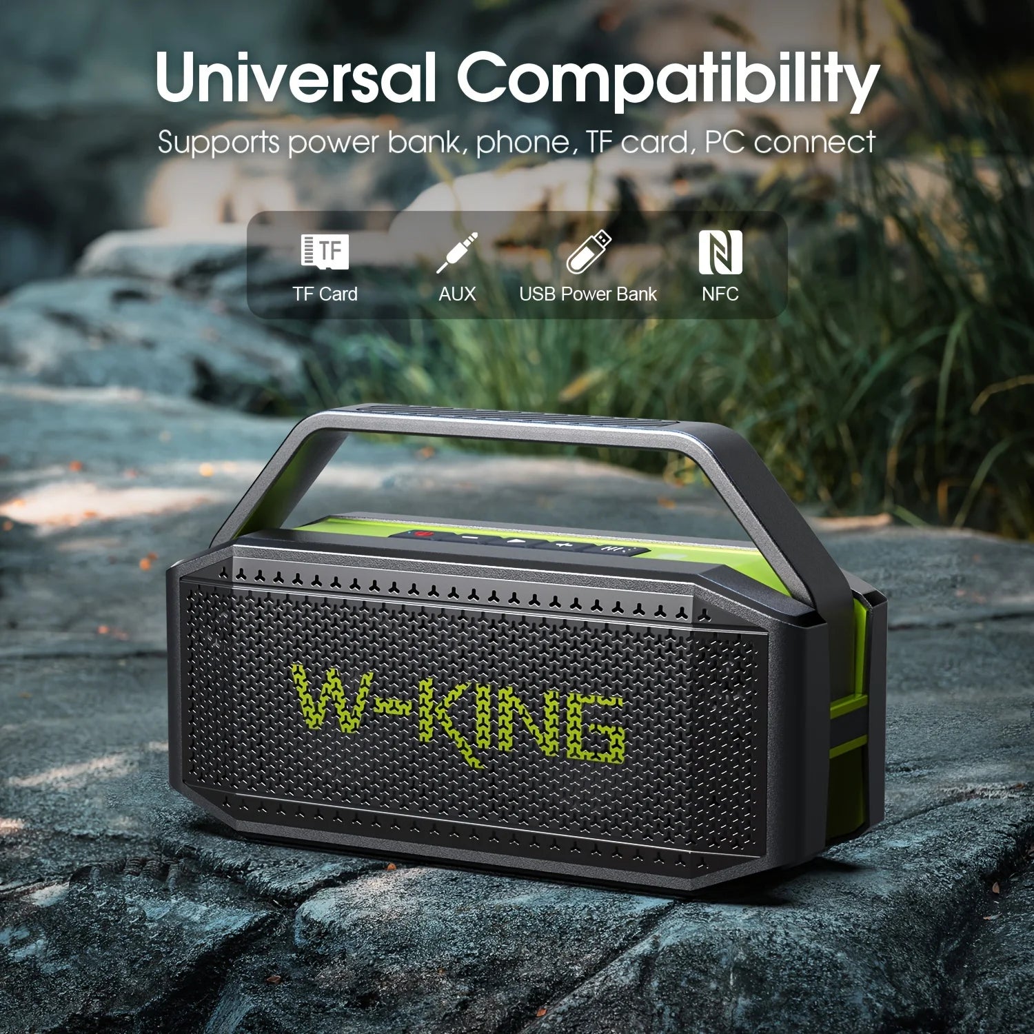 Altavoz Bluetooth W-KING D9-1 Verde, 100W Pico, 60W HD, IPX6, Portátil, Inalámbrico, Resistente al Agua, para Fiestas al Aire Libre, con 2 Subwoofers/Radiador Pasivo Extra Grande, Bajos Profundos, 40H, PowerBank, TF, AUX, E