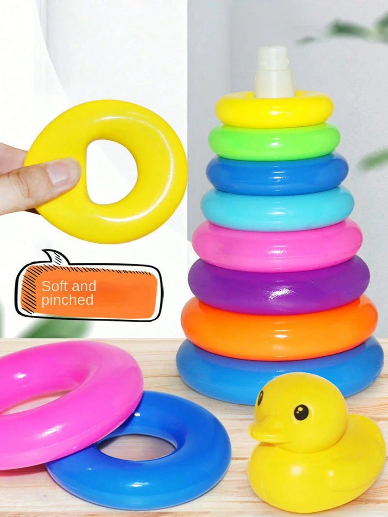 Pato amarillo Torre arcoíris círculo apilado juguete plástico arco iris círculo juguete círculo lanzamiento juguete juego interactivo regalos de cumpleaños
