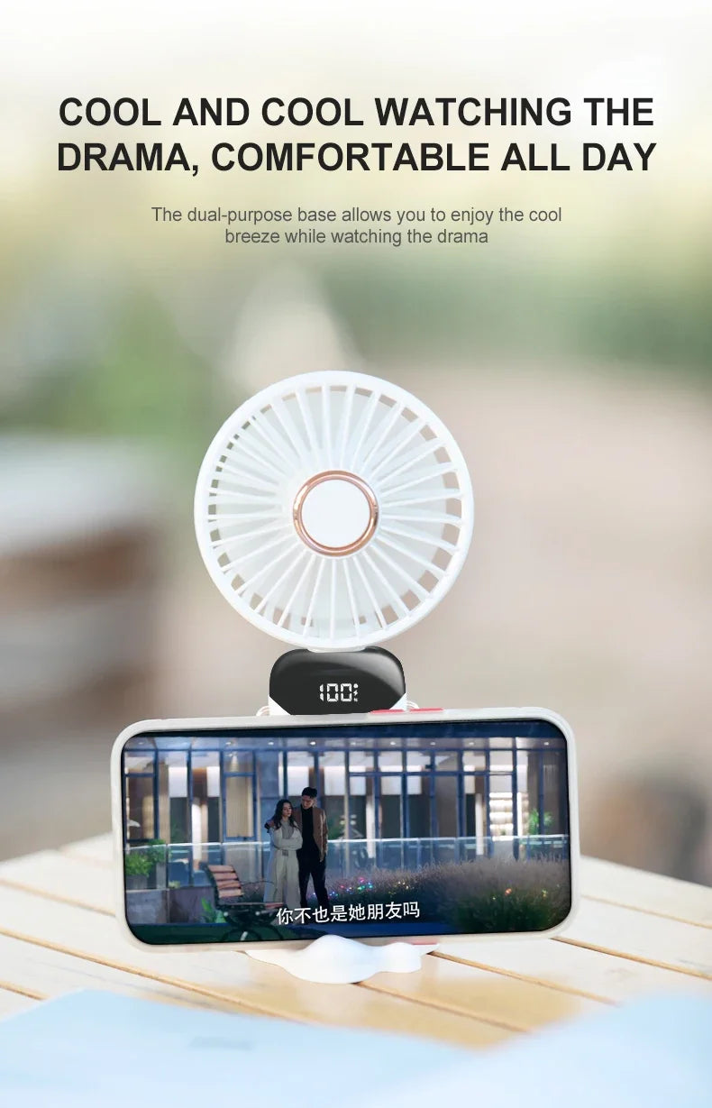 Mini ventilador de mano de 5000mAh, inalámbrico, recargable por USB, portátil, pantalla Digital, soporte para teléfono, ventilador plegable de 5 velocidades para colgar en el cuello