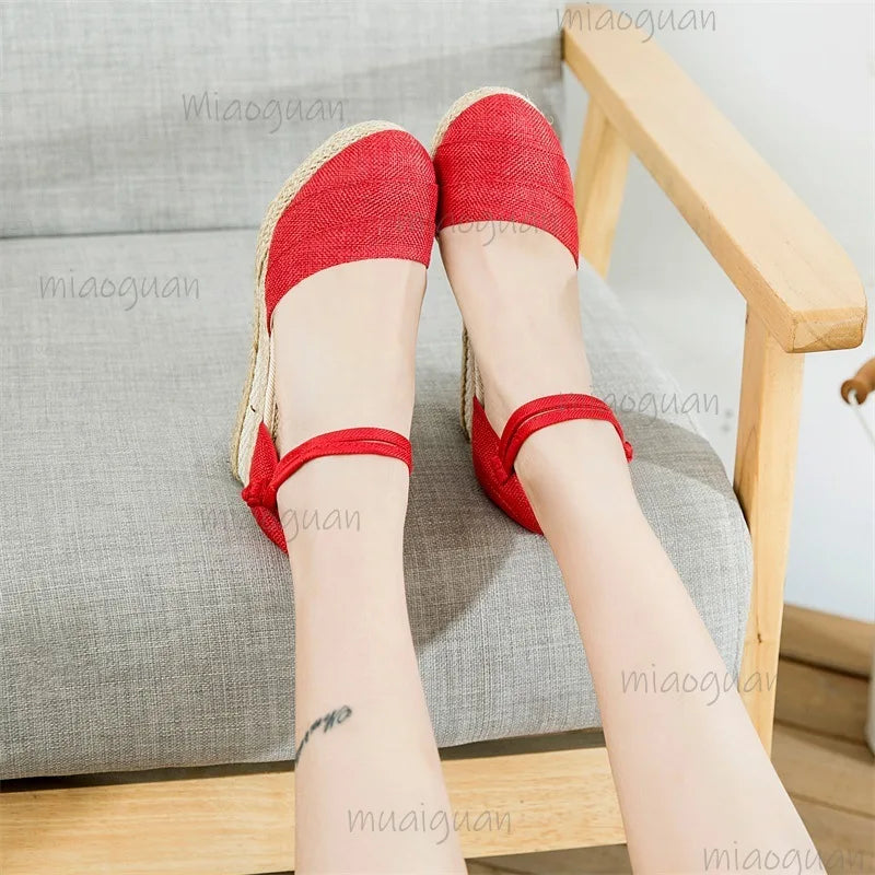 Sandalias de lino con plataforma para mujer, sandalias con correa en el tobillo, calzado ligero y transpirable para verano, sandalias de moda romana para mujer, talla 34