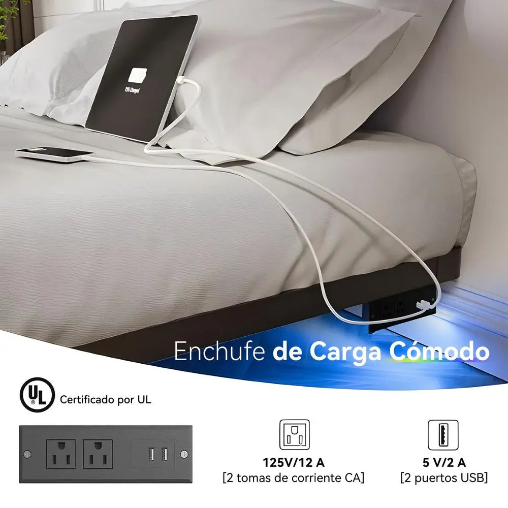 Base de Cama Matrimonial Flotante con Luces LED Ajustables, Regleta de Enchufes con USB, Plataforma de Metal con Listones de Acero