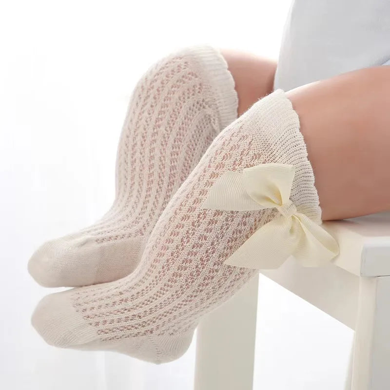 Calcetines hasta la rodilla para bebé de 0 a 36M, calcetines largos hasta la rodilla de malla de algodón con lazo grande para niño pequeño, calcetines largos de princesa para niña 2025