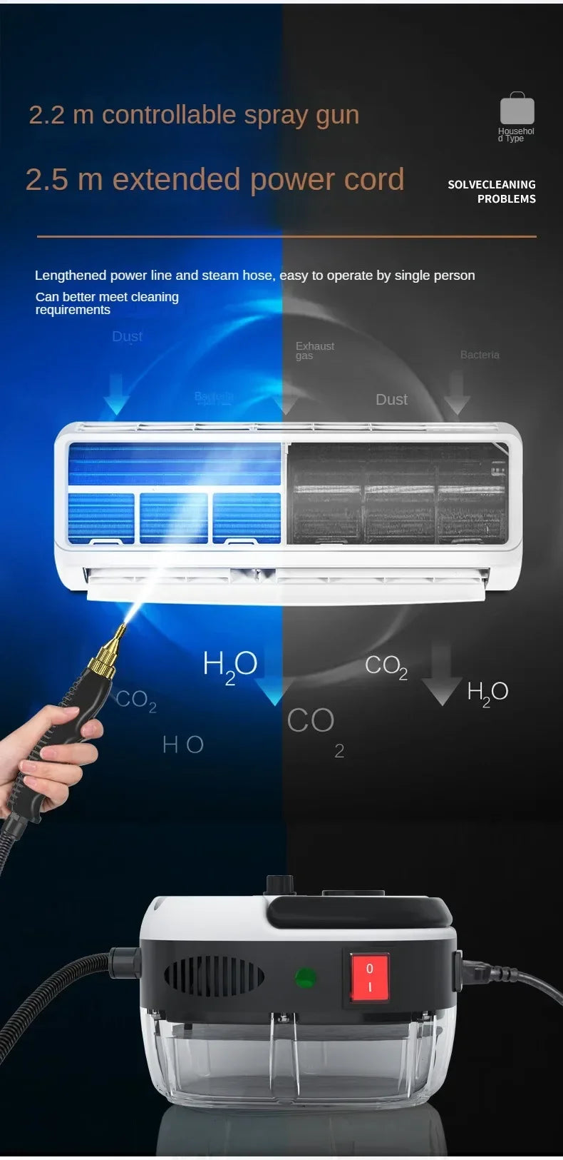 Limpiador de vapor de alta temperatura para el hogar, esterilización, aire acondicionado, capó de cocina, Limpiador de vapor para coche, enchufe US, EU, UK, AU, 2500W