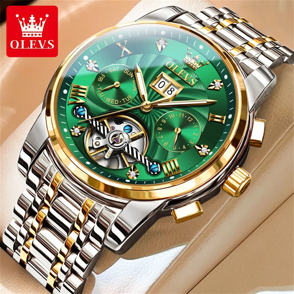 OLEVS 9910 Reloj para hombre Tourbillon de lujo Original Reloj mecánico automático Reloj luminoso resistente al agua con fecha y día con caja Reloj