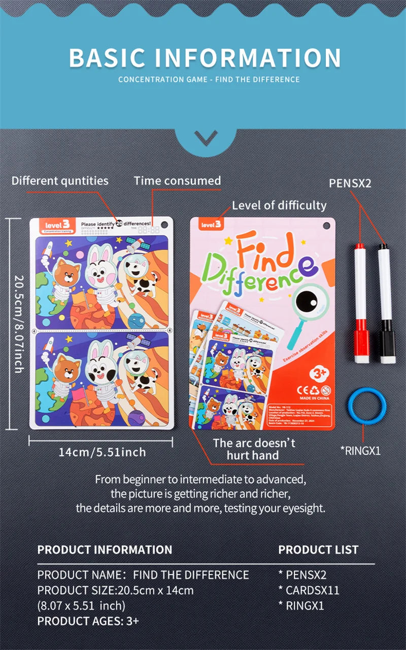 Juego de rompecabezas reutilizable Find The Difference, enfoque borrable y regrabable y entrenamiento de observación, juguete para el desarrollo del cerebro para niños