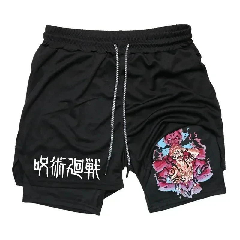 Pantalones cortos deportivos para hombre Jujutsu Kaisen Anime Graphic 2 en 1 pantalones cortos de compresión para hombre pantalones cortos de rendimiento de gimnasio de secado rápido atléticos