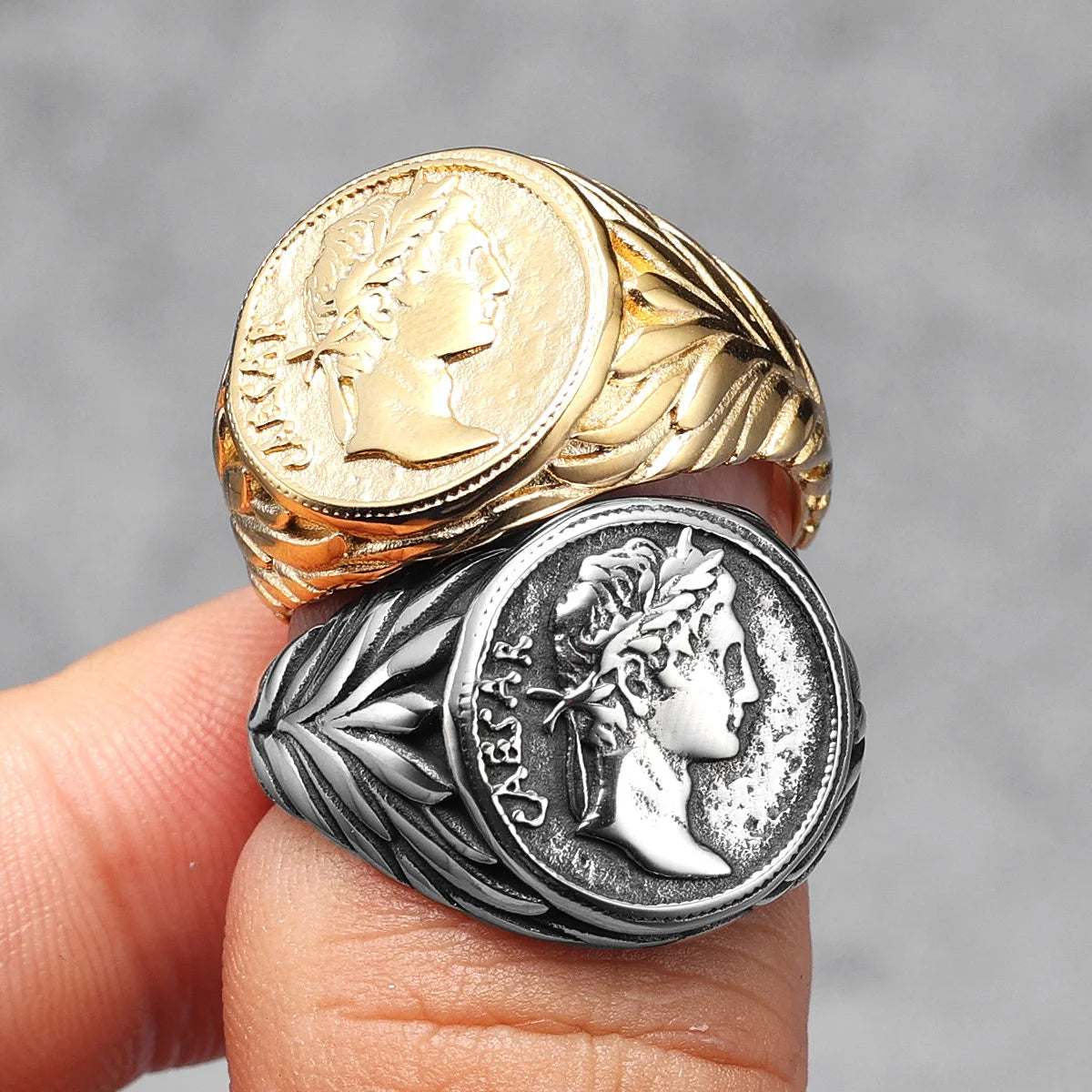 Anillo de cara César, anillos de acero inoxidable 316L para hombres, estatua de la victoria Roma, Punk Rock para motorista masculino, novio, joyería, regalo, triangulación de envíos