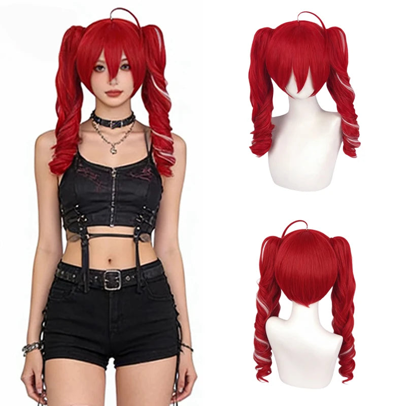 Peluca de Cosplay Kasane Teto, Roja con Reflejos Blancos, Rizada, con Dos Colas de Caballo, Resistente al Calor, Cabello Sintético de Anime para Comic Con y Halloween