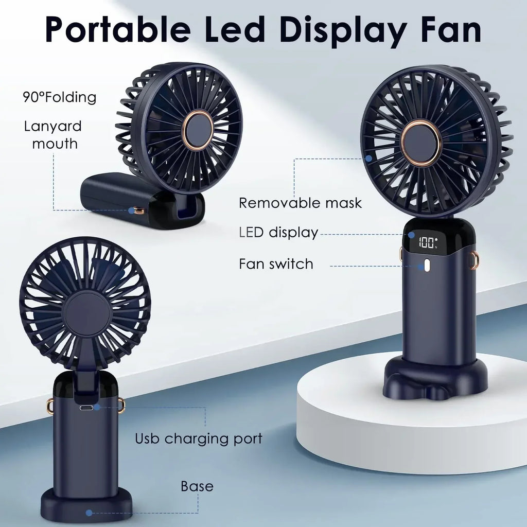 Mini ventilador de mano de 5000mAh, inalámbrico, recargable por USB, portátil, pantalla Digital, soporte para teléfono, ventilador plegable de 5 velocidades para colgar en el cuello