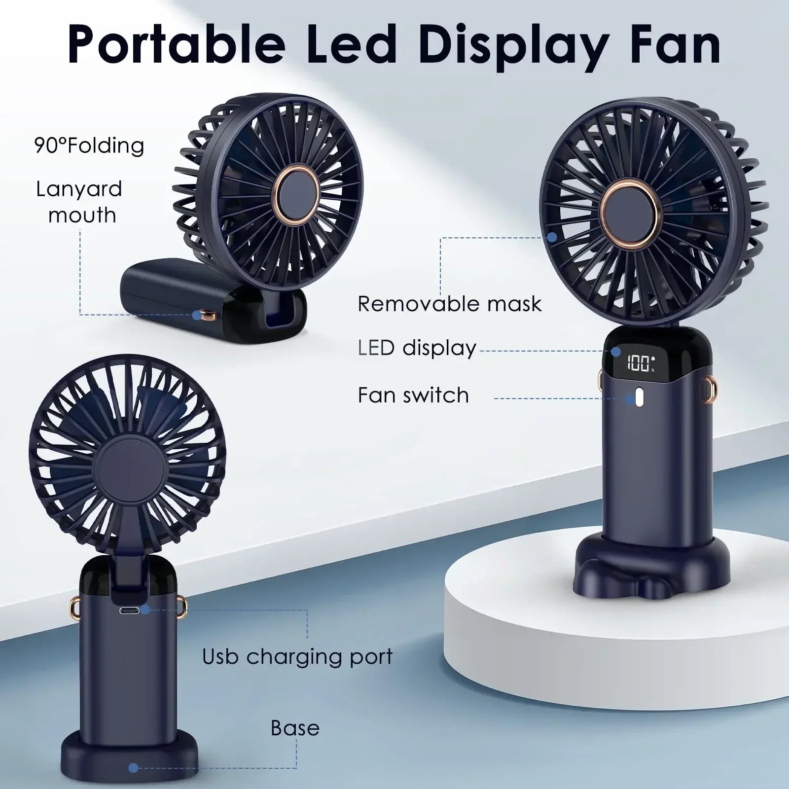 Mini ventilador de mano de 5000mAh, inalámbrico, recargable por USB, portátil, pantalla Digital, soporte para teléfono, ventilador plegable de 5 velocidades para colgar en el cuello