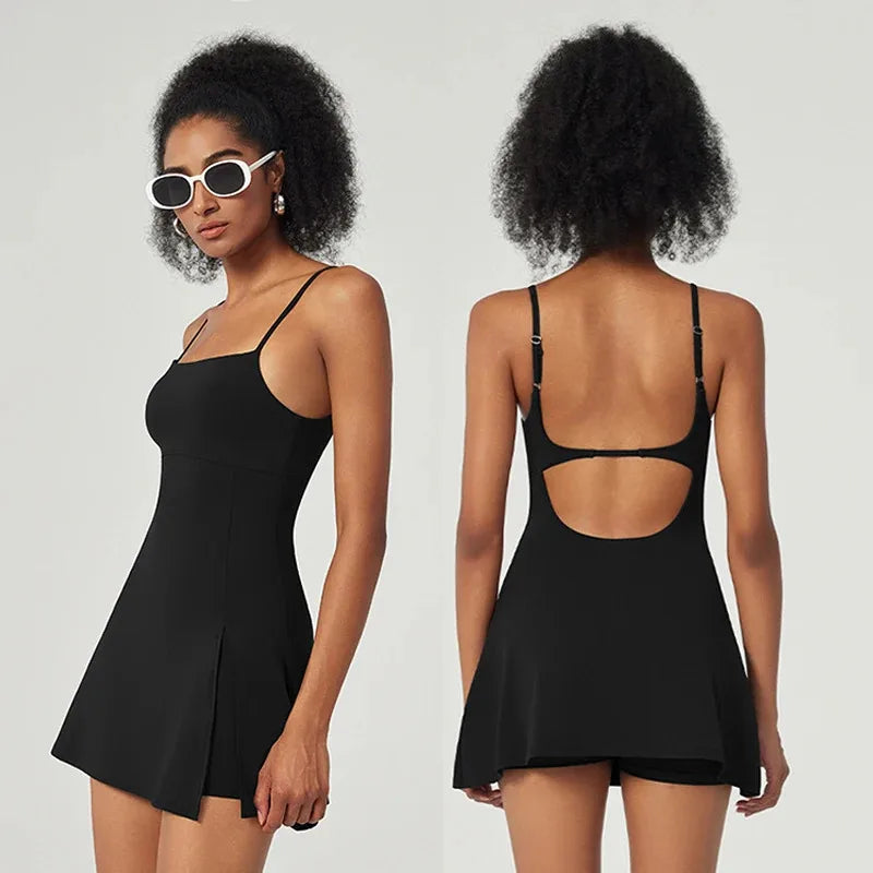 Vestido de tenis moderno SharpStar para mujer con pantalones cortos, vestido deportivo para bádminton y golf con almohadillas en el pecho, conjunto deportivo ajustado con abertura, vestido deportivo.