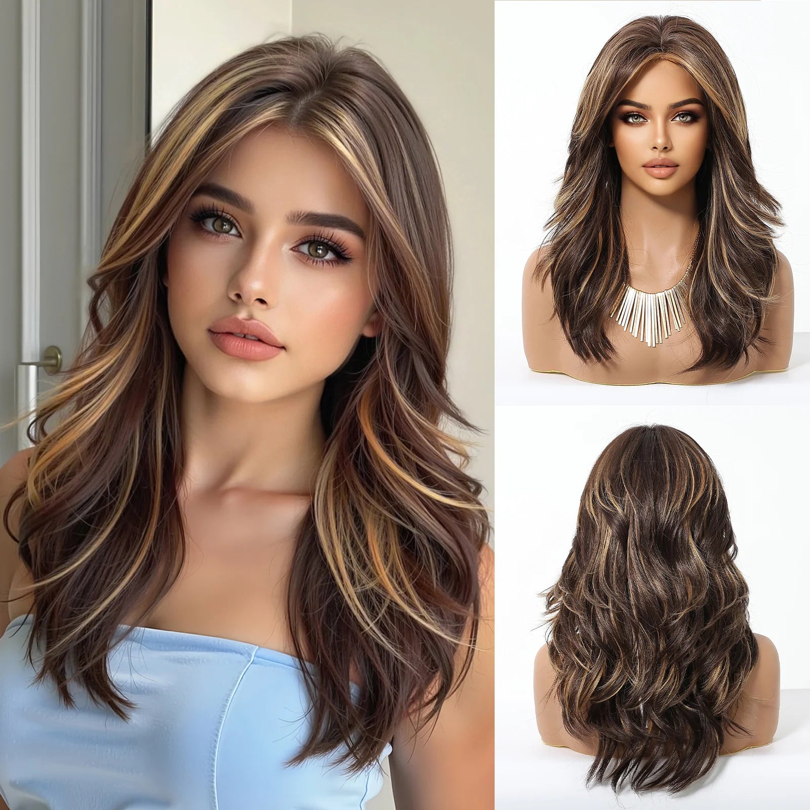 Pelucas Allbell Magique de largo ondulado en capas, pelo marrón miel con flequillo lateral para mujeres, pelucas sintéticas naturales resistentes al calor para uso diario