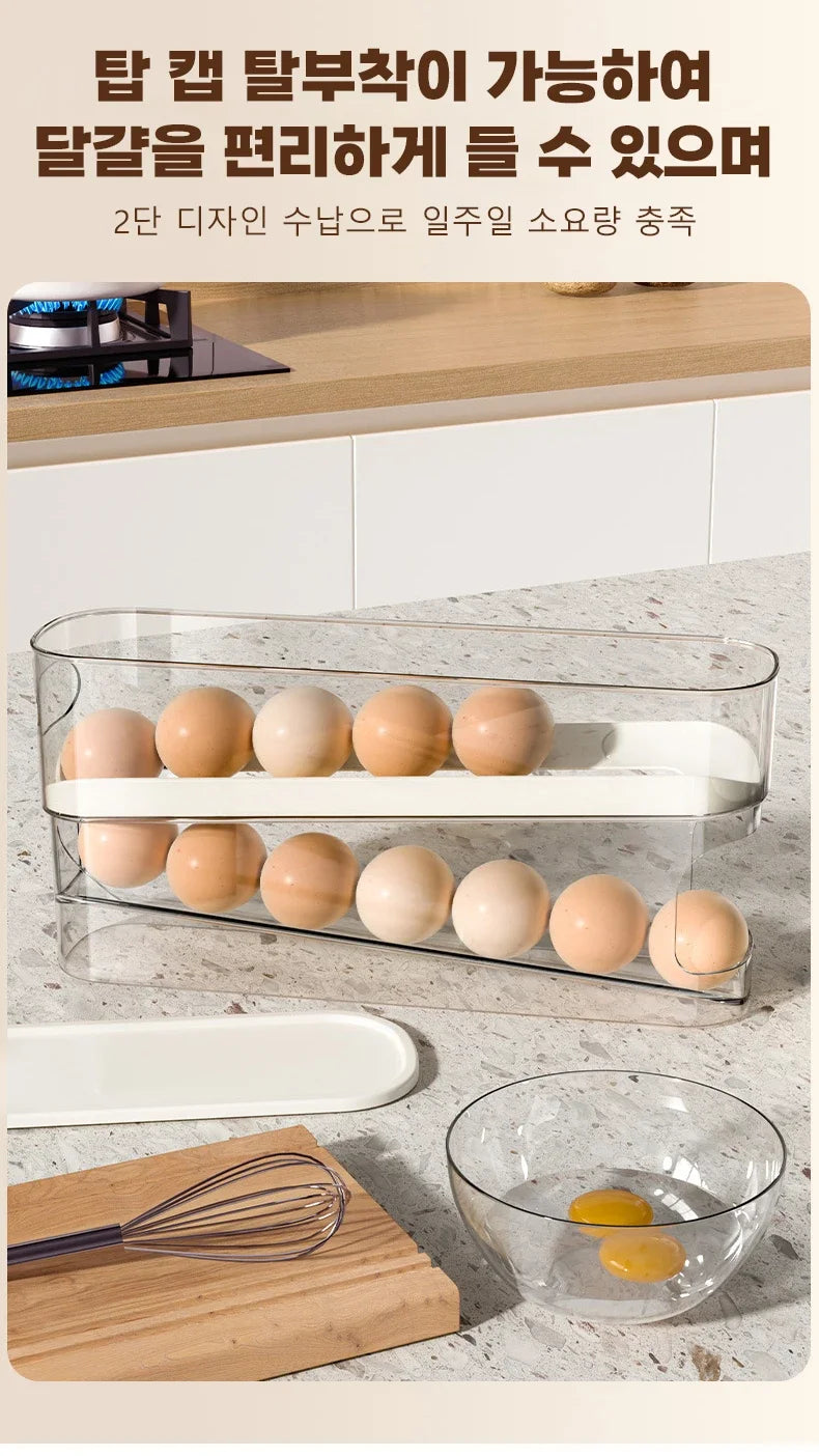 Caja de huevos tipo diapositiva, doble rodillo automático para huevos, puerta lateral para refrigerador, almacenamiento de huevos, soporte para huevos para encimera de cocina
