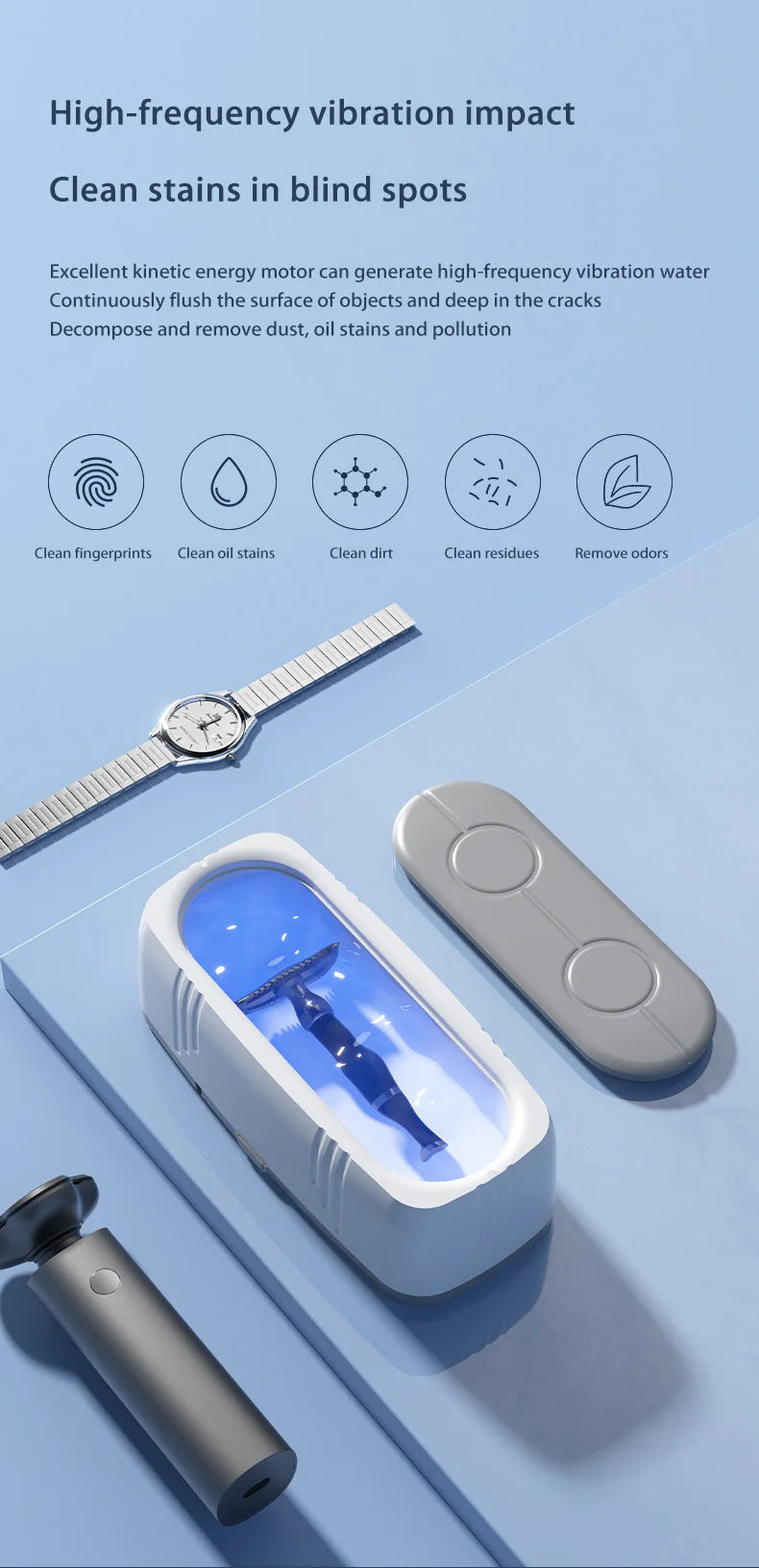 Limpiador Ultrasónico de Gafas de 48KHz de Alta Frecuencia, Limpiador de Lentes Automático con Luz Azul USB, Máquina de Limpieza de Joyas para el Hogar