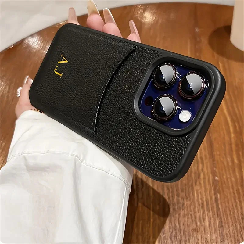 Funda personalizada con nombre inicial para iPhone 12, 13, 14, 15 16 Pro Max, bolsa de cuero de lujo con ranura para tarjetas, funda con patrón de lichi
