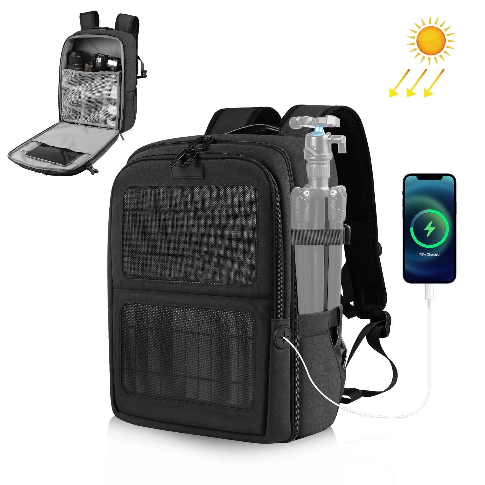 Mochila para cámara PULUZ PU5018B con panel solar, bolsa para cámara resistente al agua, mochila de fotografía multifuncional de gran capacidad