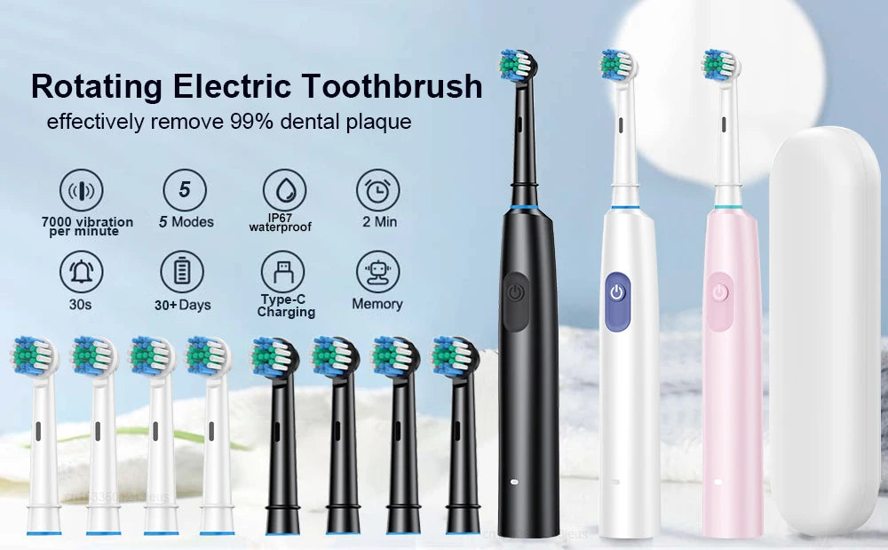 Cepillo de dientes eléctrico, cepillo de dientes eléctrico recargable giratorio para adultos, cepillos de dientes eléctricos giratorios con 8 cabezales suaves