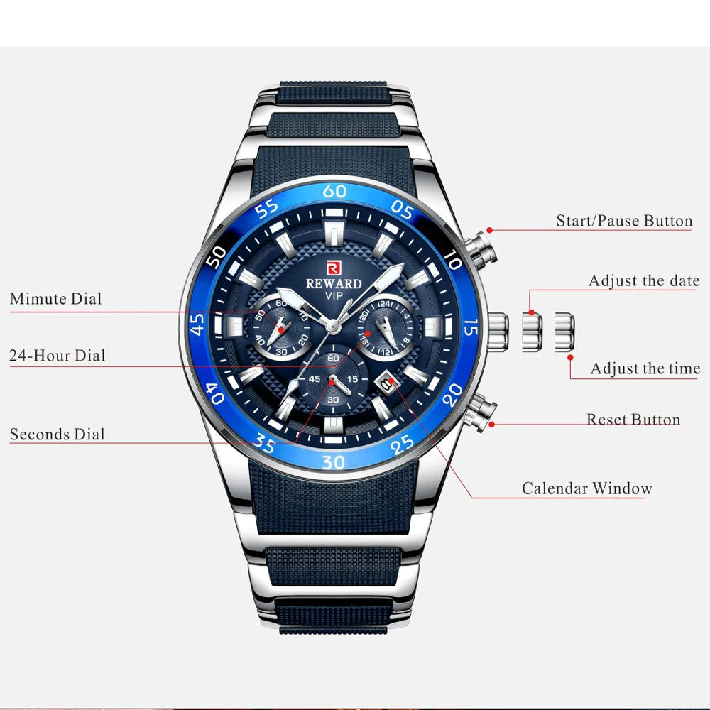 REWARD Relojes para hombre con esfera grande, marca de lujo, reloj deportivo resistente al agua, cronógrafo para hombre, reloj de cuarzo, relojes de pulsera con fecha automática