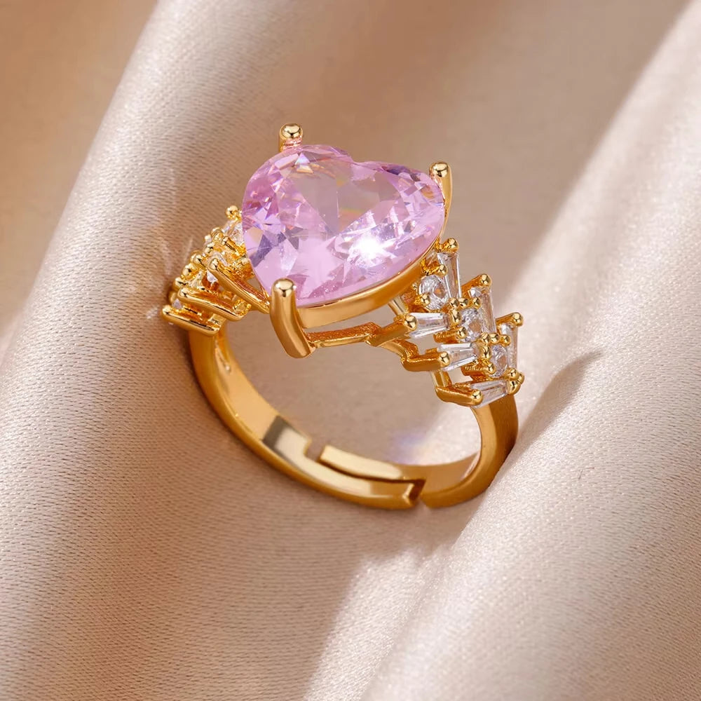 Anillos de acero inoxidable de lujo chapados en oro, piedra colorida, anillo de corazón de cristal de circón para mujer, joyería Bohemia de boda, regalo de Navidad