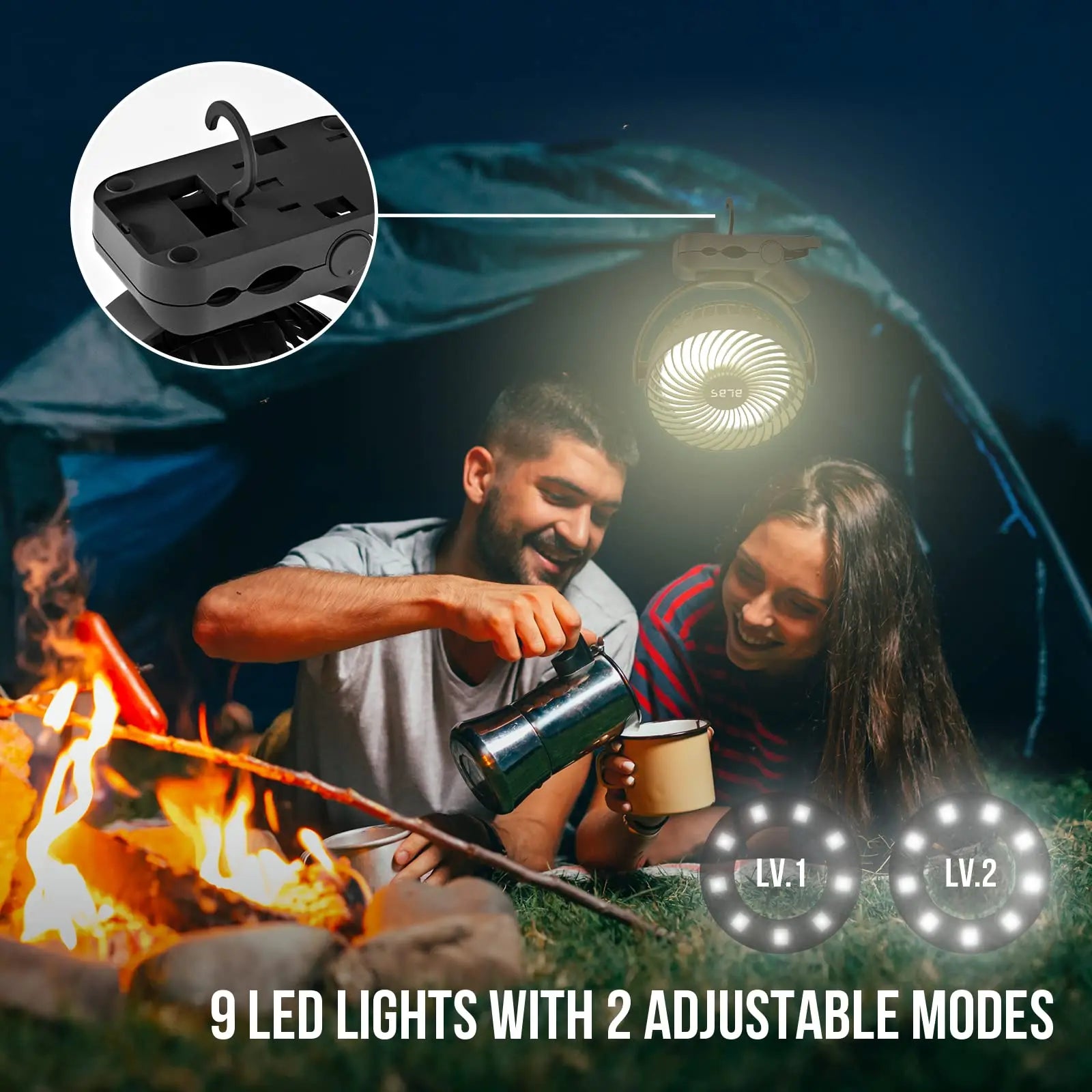 Ventilador frío móvil para acampar al aire libre, reunión familiar, ventilador de Camping portátil de 8000mAh con linterna LED y gancho para colgar-35H recargable