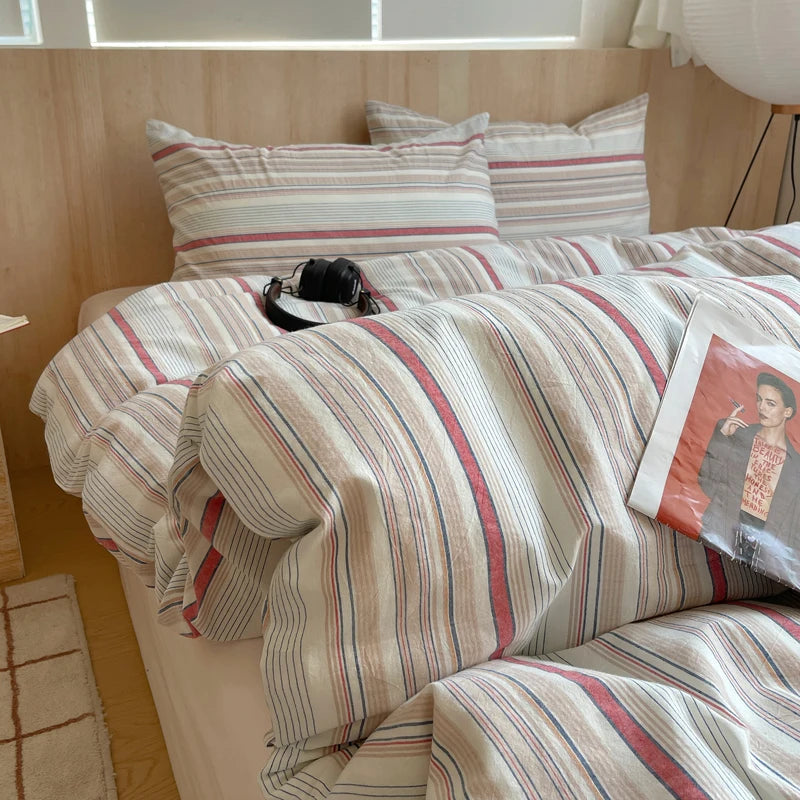 Juego de cama suave de algodón 100%, funda nórdica con estampado de rayas y funda de almohada, ropa de cama, colcha, fundas de almohada, juegos de edredón