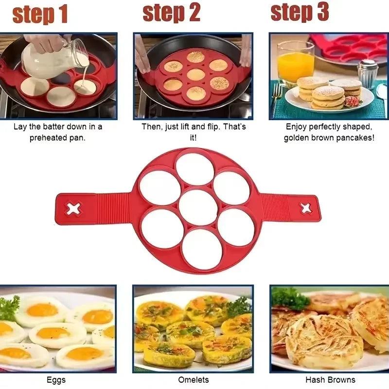 Molde de silicona antiadherente de 7 cavidades para hornear, con mango apto para alimentos, para huevos fritos, tortitas y tortillas, herramienta de cocina para el hogar.