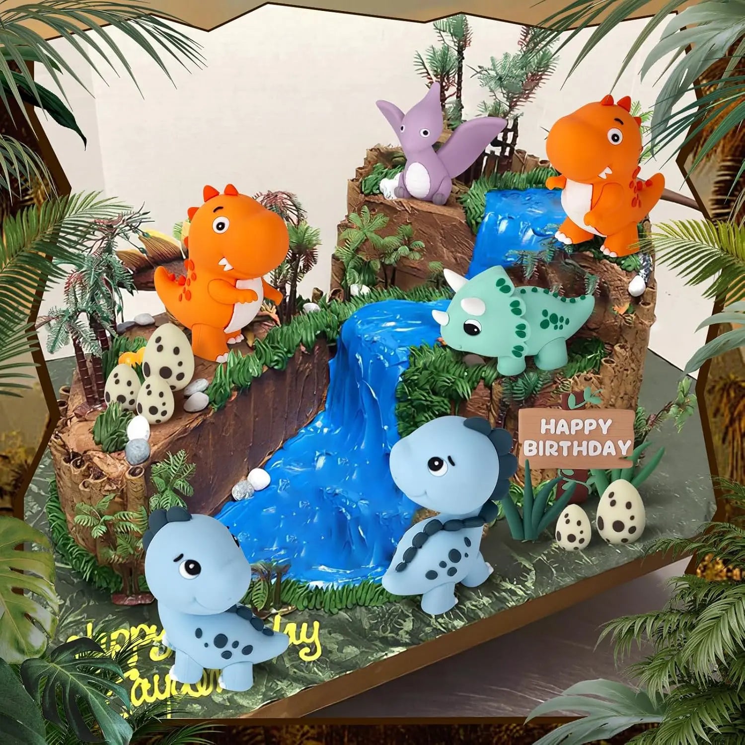 17 Uds. Adorno para tarta de dinosaurio, huevos de dinosaurio, hojas, hierba, decoraciones para pasteles para decoraciones para fiestas temáticas de animales de Safari