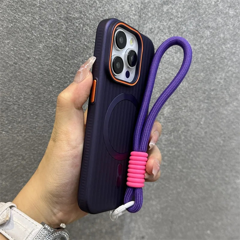 Funda Magnética Delgada Mate con Rayas para iPhone 16 15 ProMax 14 13 12 Pro Max 16 Plus, Antigolpes, Compatible con Magsafe, con Cordón