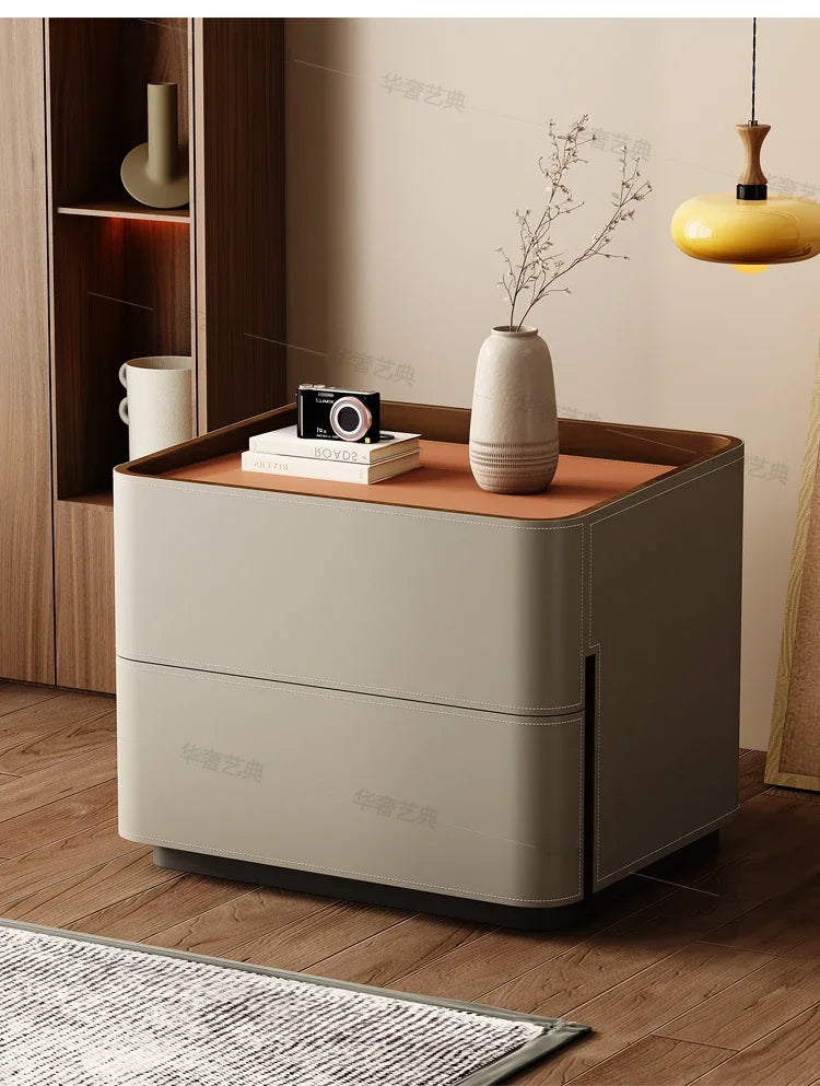Mesita de Noche de Cuero con Cajones, Almacenamiento Estético para Dormitorio, Mesitas de Noche Modernas de Lujo, Muebles para el Hogar que Ahorran Espacio