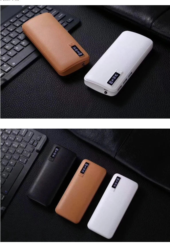 Batería portátil de 10000 mAh con textura de piel, 3 puertos USB y linterna. Disponible en varios colores.