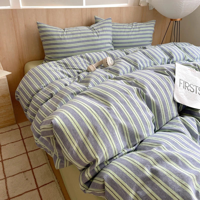 Juego de cama suave de algodón 100%, funda nórdica con estampado de rayas y funda de almohada, ropa de cama, colcha, fundas de almohada, juegos de edredón