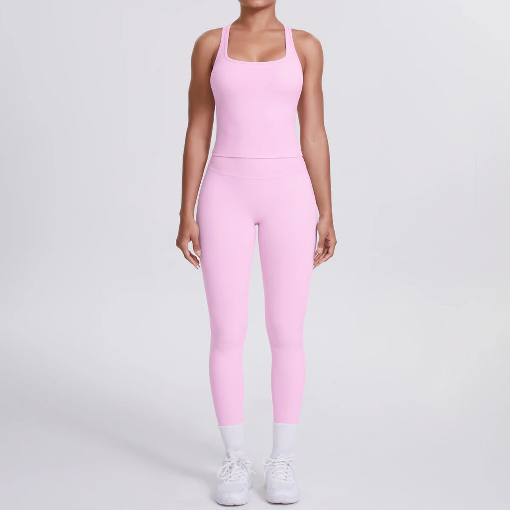 Hamidou - Conjunto de yoga de 2 piezas para mujer: leggings de fitness de secado rápido con efecto push-up y top deportivo con espalda en I de color liso.