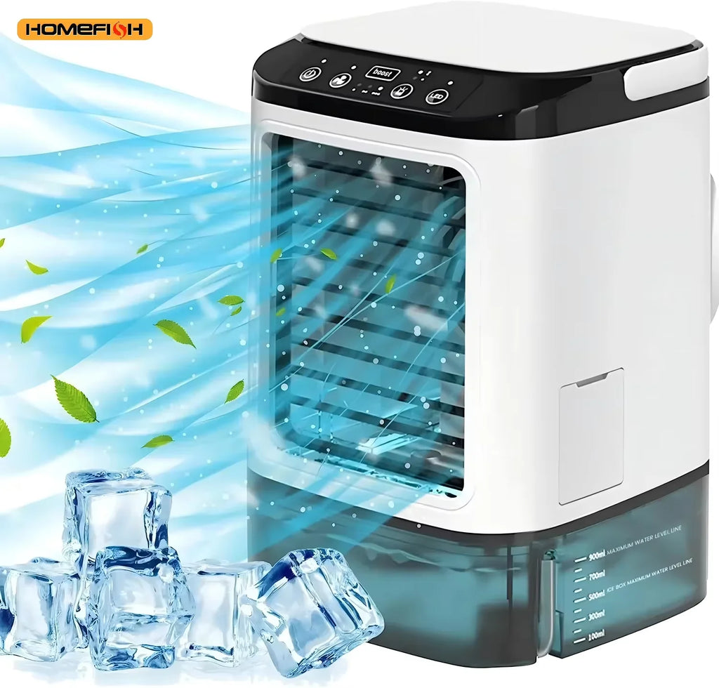 Ventilador Portátil con Aire Acondicionado HOMEFISH, Ventilador de Escritorio con Doble Pulverización Ultrasónica, 3 Velocidades, Silencioso, Enfriador de Aire, Luz Nocturna, Ventilador Eléctrico